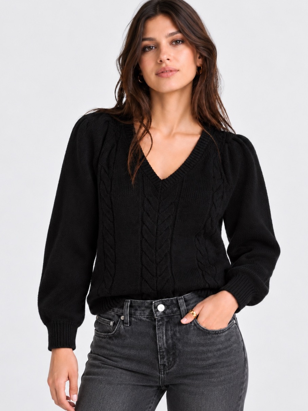 Madewell Merino Wool 100% Cable Knit V-Neck Puff Sleeve Sweater Black XL NWT